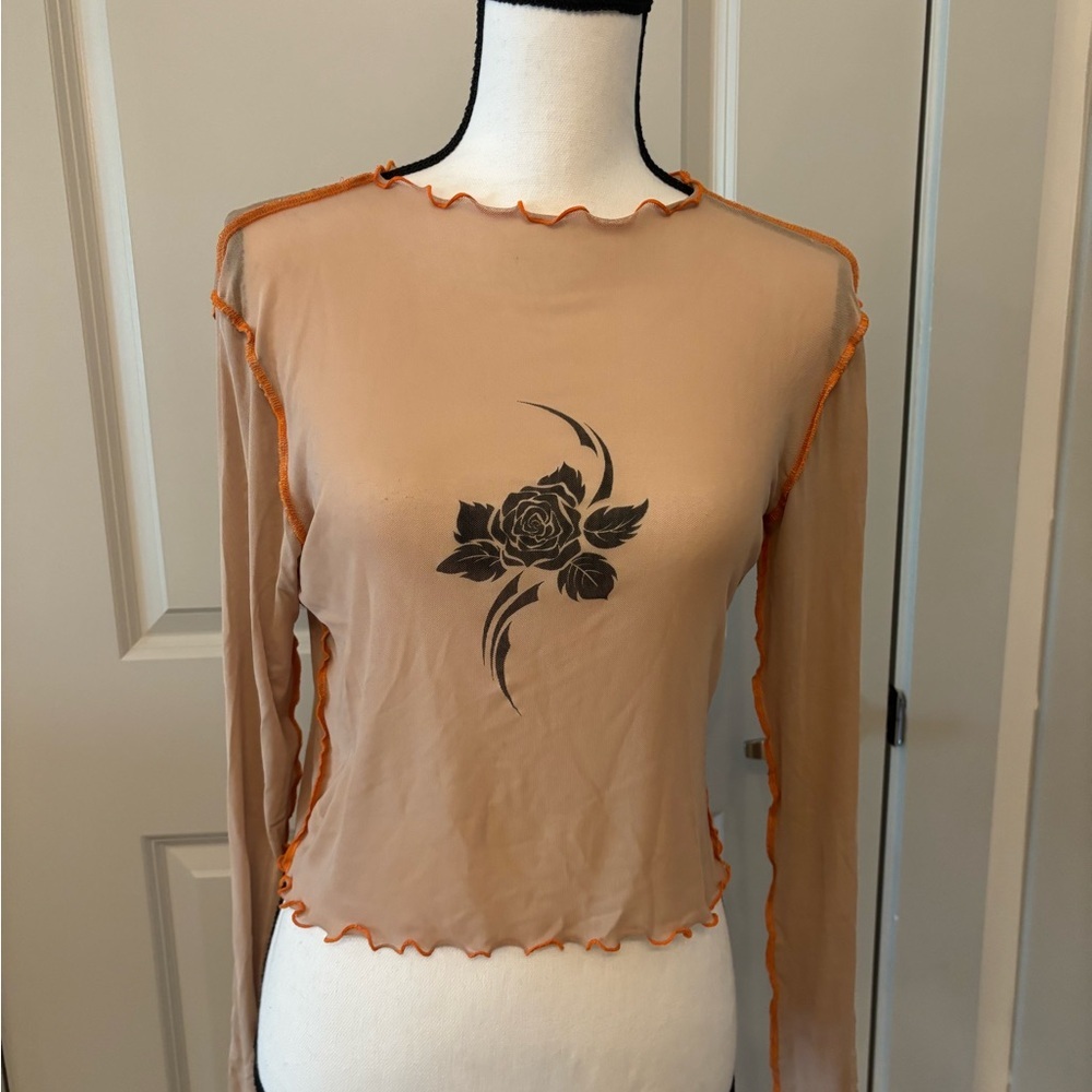 Urban Outfitters tan mesh floral graphic long sleeve cropped top size L
